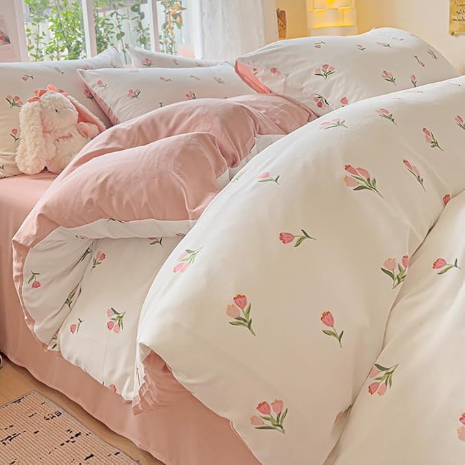 Nayoroom Pink Floral Duvet Cover Full Size Coquette Tulip Printed on White Reversible Comforter Cover 3Pcs Kids Girls Cottagecore Bedding Set with Zipper Closure Soft Breathable Microfiber