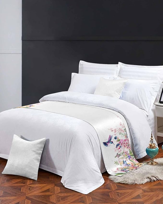 Blossom Floral Hummingbird Bed Runners for Bedroom Hotel,Decorative Bedding Scarf Butterfly Blossom Flower Plant Bed End Blanket Bedding Runner Scarves for Queen Size Bed,94x20in