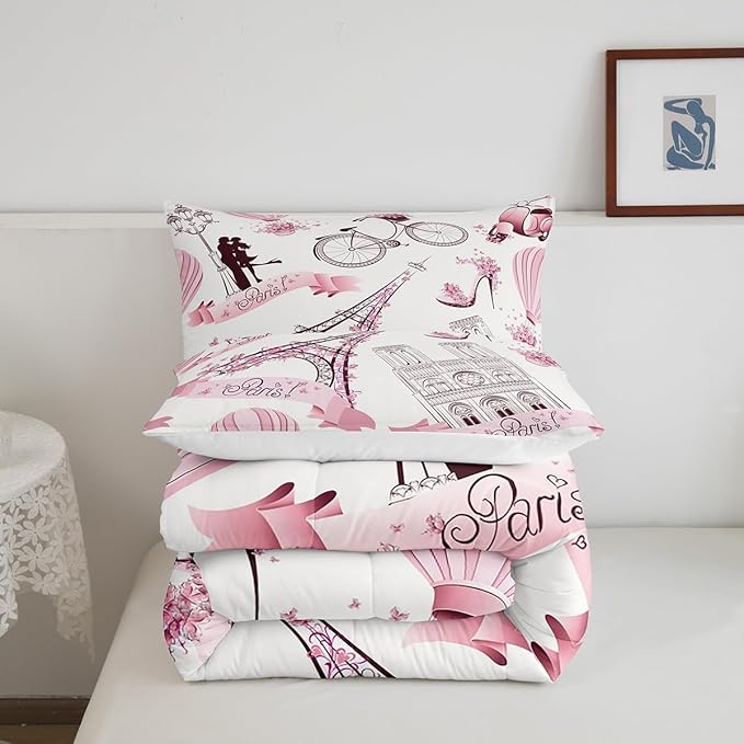 Paris Eiffel Tower Bedding Set for Girls Kids Couple Lover Romantic French Comforter Trip Design Comforter Set Pink White Room Decor Famous Cityscape Duvet Set Queen Size Bedspreads Coverlet Sets