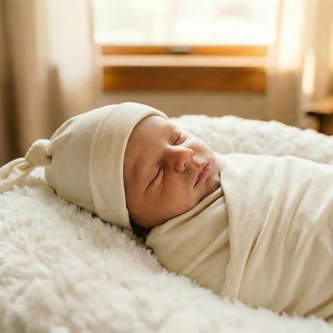 Large Jersey Knitted Swaddle Blanket for Baby, Soft Stretchy Receiving Blanket for Newborns with Hat, Baby Nursery Swaddle 47 x 47 inches(Natural)