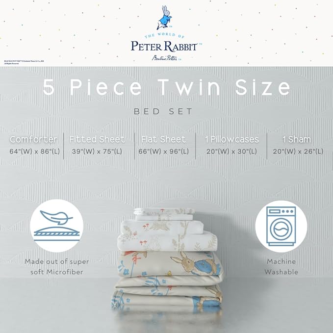 Franco Peter Rabbit Easter Kids Bedding Super Soft & Cozy Reversible Microfiber Comforter and Sheet Set with Sham, 5 Piece Twin Size, (Officially Licensed Product)