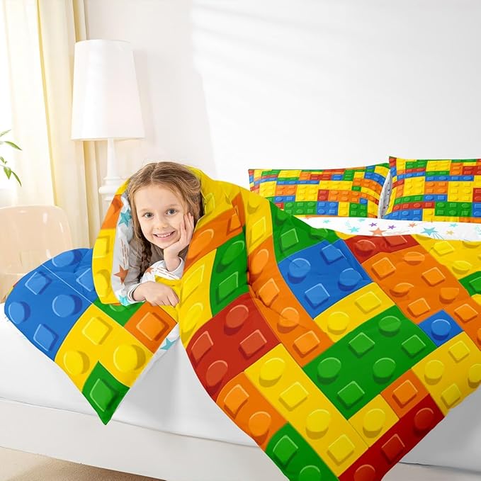 Feelyou Games Comforter Set Toddler Building Blocks Bedding Set for Kids Boys Girls Colorful Geometric Toy Brick Comforter Gaming Nursery Quilt Duvet Set with 1 Pillowcase Boys