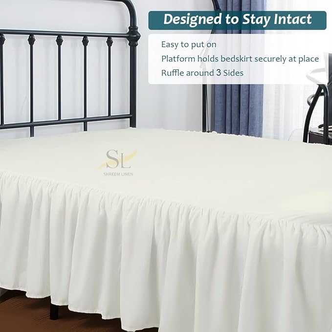Shreem Linen Ruffled Bed Skirt with Split Corners, Gathered Style, 100% Microfiber, 16-Inch Drop, Dust Ruffle Bedskirt with Platform, Cal-King, Ivory