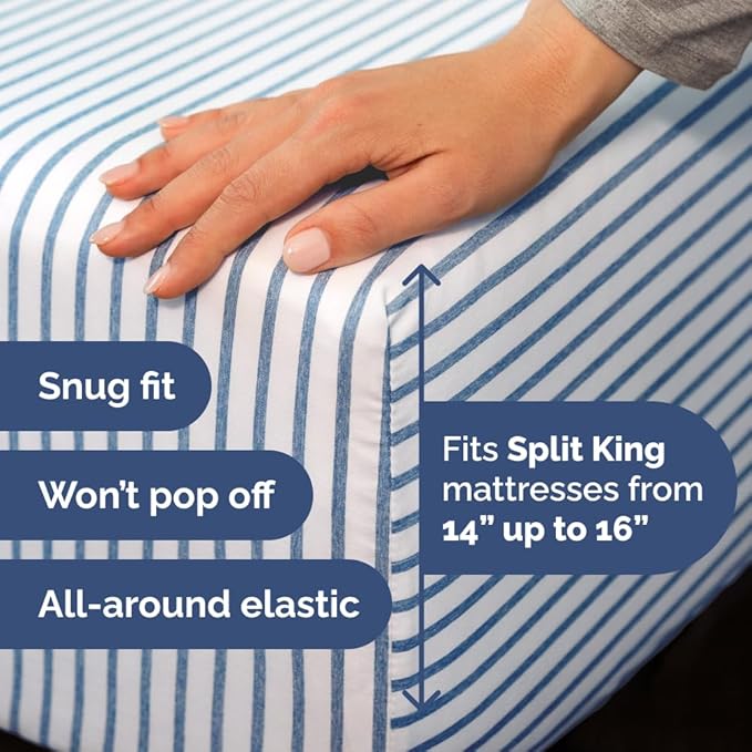 Flex Top Split Head King 4 Piece Sheet Set - Comfy Breathable & Cooling Bed Sheets Set - Hotel Luxury Bedding for Women, Men, Kids, Teens, Boys & Girls - Deep Pockets, Soft - Oeko-Tex - Blue Stripes