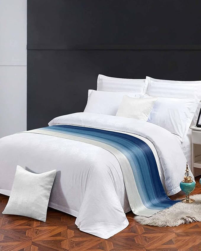 Abstract Navy Blue Ombre Stripe Art Bed Runners for Bedroom Hotel,Decorative Bedding Scarf Modern Color Line Texture Bed End Blanket Bedding Runner Scarves for Queen Size Bed,94x20in