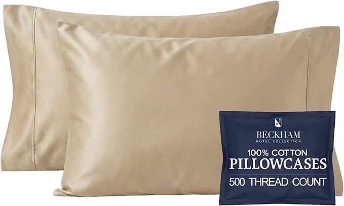 Beckham Hotel Collection 100% Cotton Pillow Cases King Size Set of 2, 500TC, Luxury Sateen Pillowcases, Open End, Breathable, Moisture-Wicking, Sand