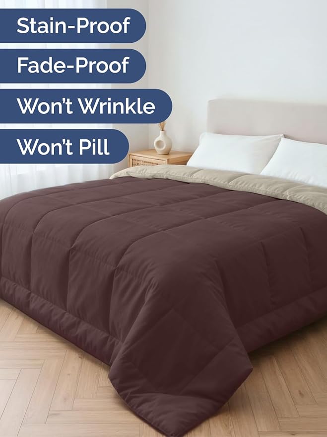 Queen Size, Brown/Beige Alternative Down Comforter - Warm, Lightweight & Breathable Hotel Quality Bedding for Men, Women, Kids & Teens - All Season Oversized Cooling Microfiber Duvet Insert Comforter