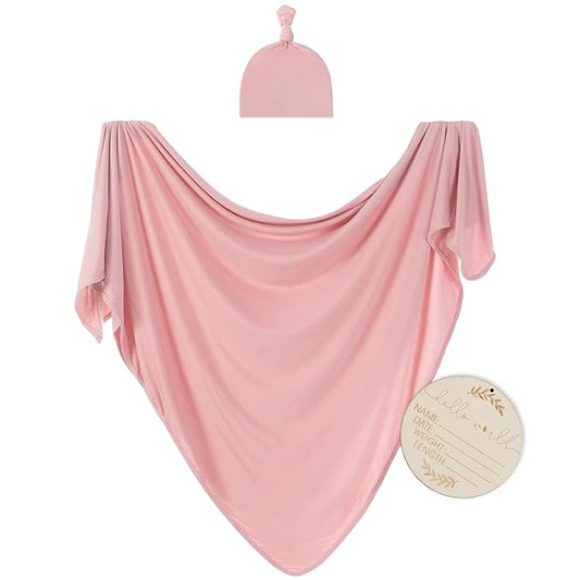 Large Jersey Knitted Swaddle Blanket for Baby, Soft Stretchy Receiving Blanket for Newborns with Hat, Baby Nursery Swaddle 47 x 47 inches(Rose)