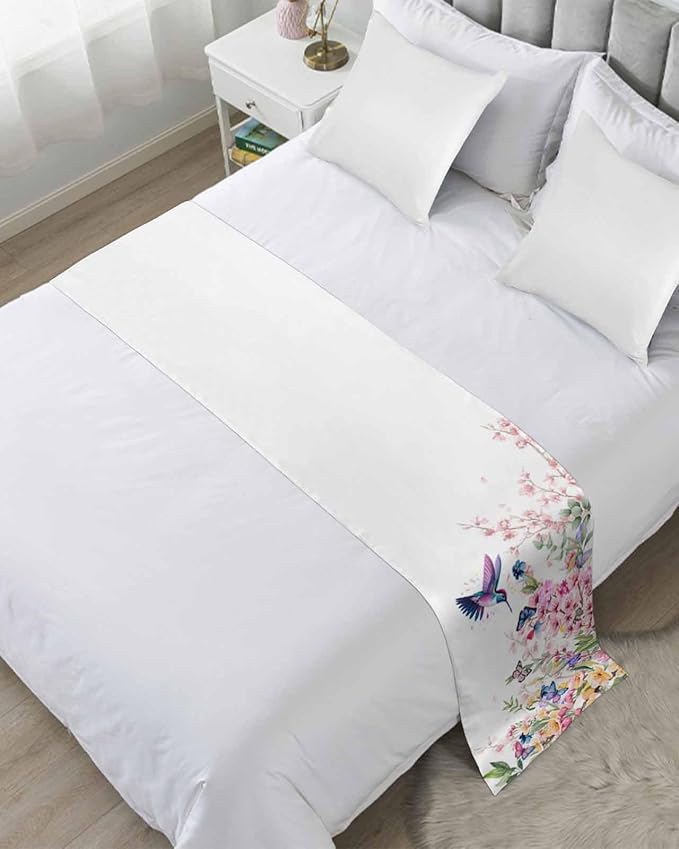 Blossom Floral Hummingbird Bed Runners for Bedroom Hotel,Decorative Bedding Scarf Butterfly Blossom Flower Plant Bed End Blanket Bedding Runner Scarves for Twin Size Bed,71x20in