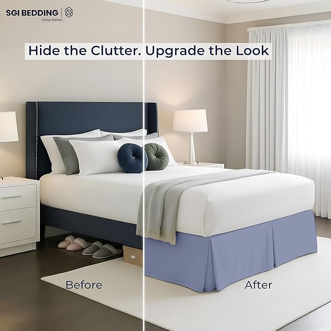 SGI Bedding 18 inch Drop Bed Skirt Twin Size - Platform Style with Secure Fit, Classic Tailored Look, Elegant Pleated Style Dust Ruffle Split Corners, Wrinkle Resistant Microfiber - Mediterranean Blue