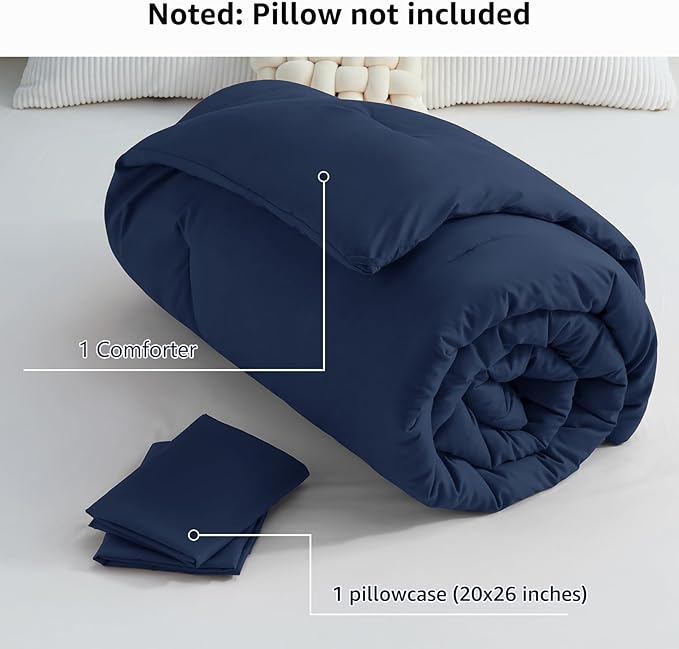 CozyLux Navy Blue Comforter Set Twin/Twin XL Size, 2 Pieces Twin Extra Long Solid Breathable Quilted Bedding Sets, Soft Luxury Bed Set with Down Alternative Comforter and 1 Pillowcase for All Season