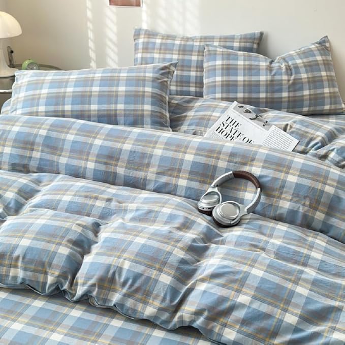 LifeTB Blue Plaid Duvet Cover Set King Washed Cotton Reversible Plaid Bedding Set King Modern Buffalo Grid Duvet Cover with 2 Pillowcases for Men Women Checkered Gingham Duvet Cover King Size
