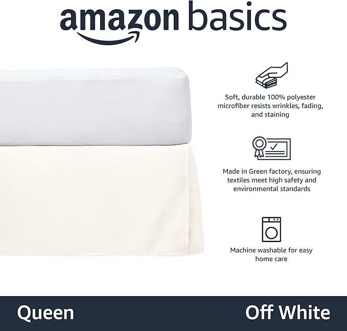 Amazon Basics Lightweight Pleated Bed Skirt, Queen, Off White, Solid (Pack of 8)