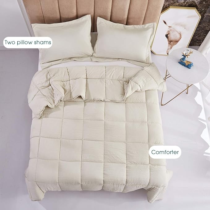 HIG Pre Washed Down Alternative Comforter Set Twin - Reversible Chic Quilt Design - Box Stitched with 4 Corner Tabs - Lightweight for All Season - Camel Duvet Comforter with 2 Pillow Shams