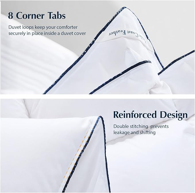 Pacific Coast Luxury White Goose Feather and Down Fiber Comforter Queen Size, All Season Fluffy Hotel Bedding Comforters，Ultra-Soft & Breathable Fabric duvet insert queen with 8 Tabs, 90x90 Inch White