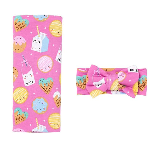 Little Sleepies Swaddle & Headband Bow Set, Viscose from Bamboo Baby Swaddles, Newborn Baby Girl Clothes (Luxe Pink Cookies & Milk)