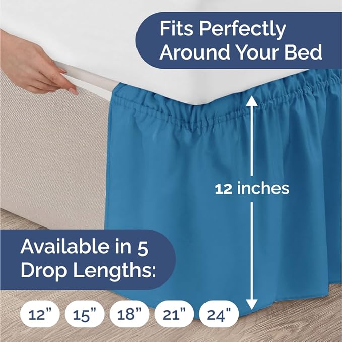Wrap Around Dust Ruffle Bed Skirt - Denim Blue - for King Size Beds with 12 Inch Drop - Elastic Strap - Adjustable Pleated Bedskirt with Brushed Fabric and Wrinkle Free - for Women, Men, Kids & Teens