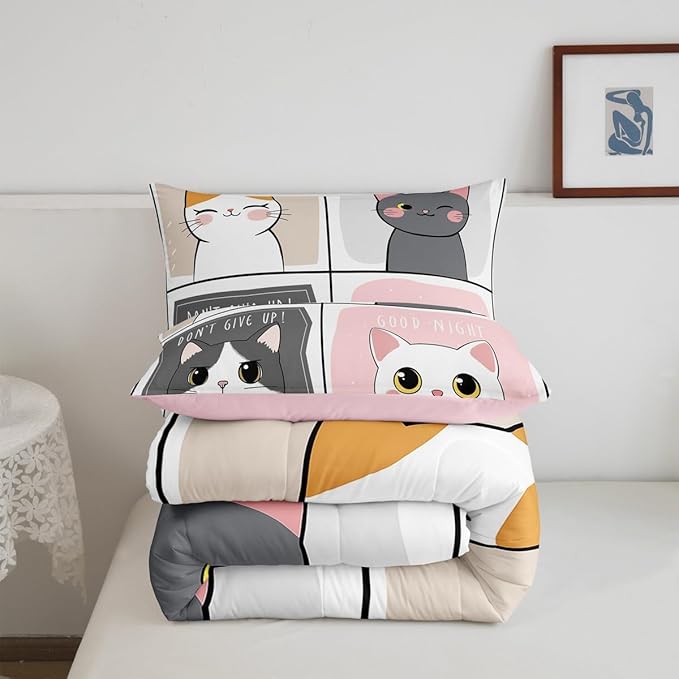 Erosebridal Kawaii Cats Comforter Set King,Pink Grey Cute Little Cat Down Comforter Adorable Kitten Animal Bedding Set for Kids Boys Girls Patchwork Cartoon Doodle Quilt Duvet Set with 2 Pillow Cases