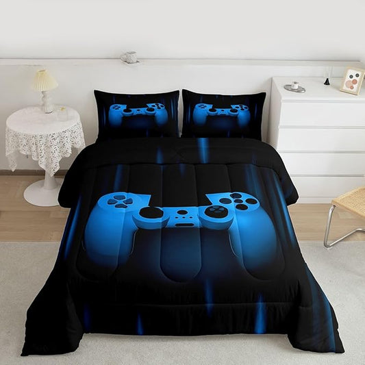 Feelyou Boys Gamer Comforter Set Toddler Size Bedding Set for Kids Gaming Comforter Blue Black Video Games Gamepad Room Decor for Teens Child Super Soft Geometric Duvet Quilted Son Grandson Gift