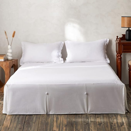 BISELINA French Linen Bed Skirt Split Corner with Button 14-Inch Tailored Drop Natural Flax Cotton Blend Basic Dust Ruffle Soft Cozy (14" Queen,Button White)