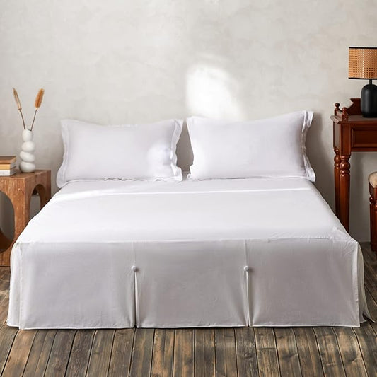 BISELINA French Linen Bed Skirt Split Corner with Button 18-Inch Tailored Drop Natural Flax Cotton Blend Basic Dust Ruffle Soft Cozy (18" Queen,Button White)