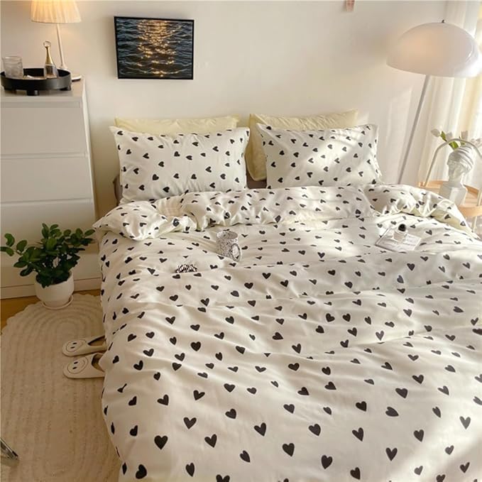 Nayoroom Black and White Heart Duvet Cover Full Size Black Hearts Printed on White Bedding Set 3 Pcs Cute Kawaii Soft Breathable Microfiber Comforter Cover Valentine Gifts for Kids Girls