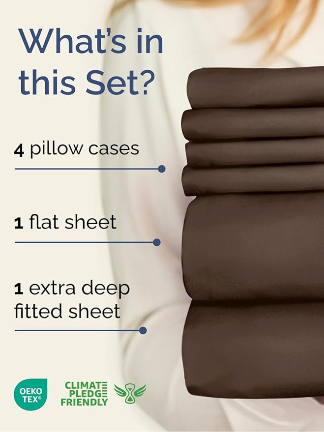Extra Deep Full Sheet Set - 6 Piece Breathable and Cooling Sheets - Hotel Luxury Bedding for Women, Men, Kids & Teens - Easy & Secure Fit - Soft, Wrinkle Free and Comfy - Extra Deep Pockets - Brown