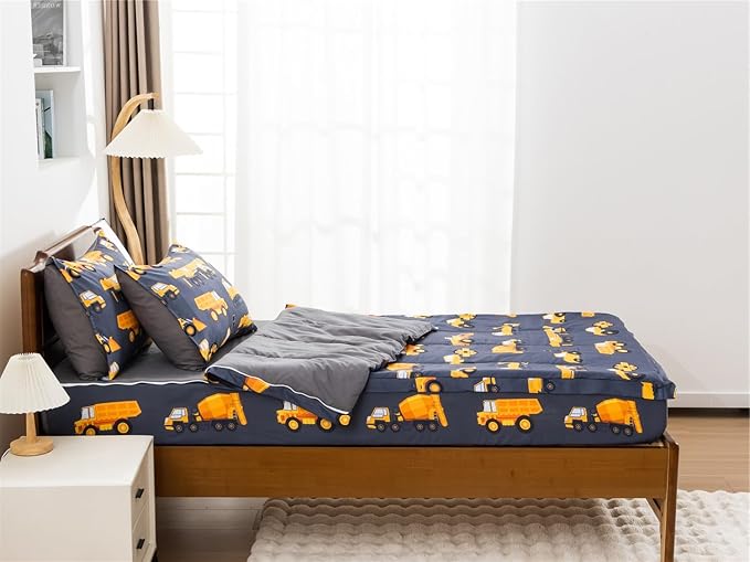 NTBED Construction Truck Printed Zipper Bedding Sets Full Lightweight Microfiber Car Comforter Sets with Fitted Sheet Pillow Covers,Dark Grey