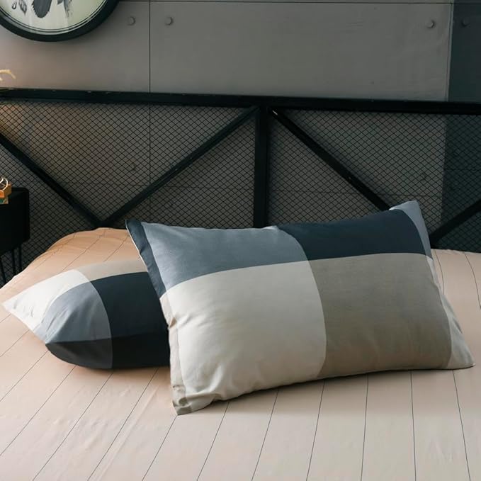mixinni Twin XL Size Checkered Duvet Cover Set - 3 Piece Grey Geometric Cotton Bedding Set with Zipper Closure & Corner Ties, 100% Washed Cotton Soft Breathable Duvet Cover for Men, Teens (Twin XL)