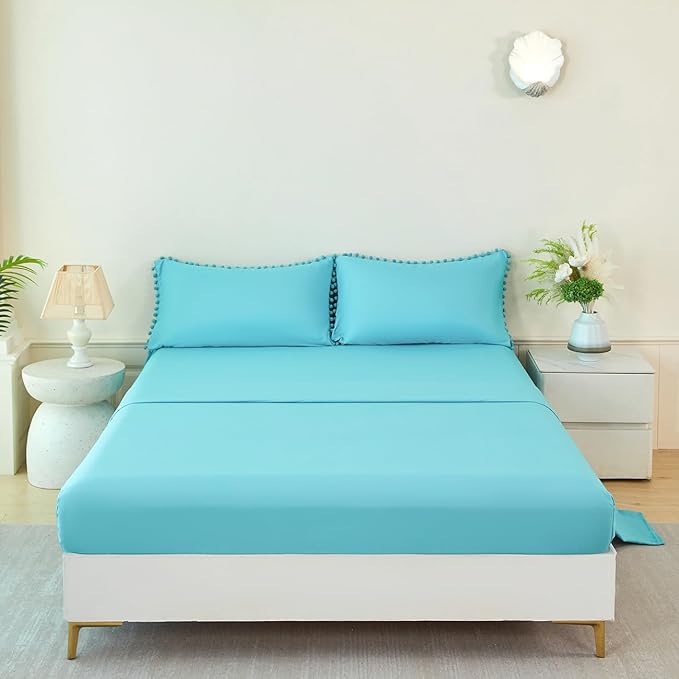 PERFEMET 5 Pcs Teal Blue Girls Bedding Set Queen Size Boho Pom Pom Cute Bedding Comforters for Kids Soft Fluffy Down Alternative Solid Bed in A Bag with Sheet Set(Teal Blue, Queen)