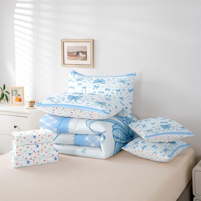 Feelyou Bowknot King Comforter Set with Sheets for Kids Boys Girls Dreamy Princess 7 Pieces Bedding Set Cute Bow Bed in a Bag Love Hearts Room Decor Soft Lightweight Microfiber