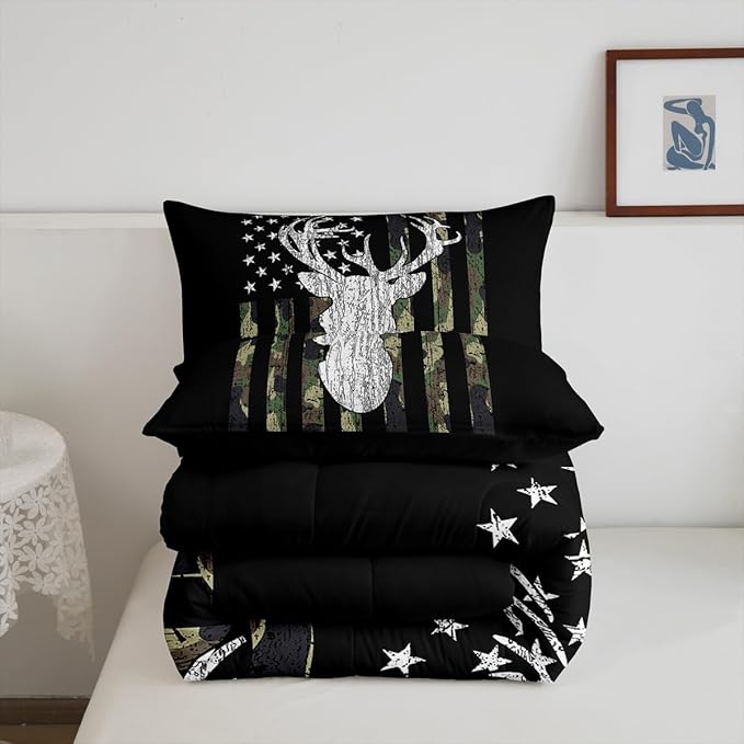 American Flag Comforter Set,Deer Hunting Down Comforter King,Army Green Military Camo Bedding Set For Boys Teens Kids Man,Western Farmhouse Stars Stripes Bedding Quilt Set Bedroom Decor 3 Pcs