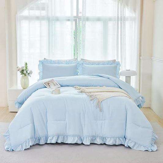 ANGIYUIN 5 Pieces Light Blue Full Bed in A Bag for Kids Girls Ruffle Bedding Sets Boho Comforter Set Vintage Farmhouse Bedding Comforter Sets with Sheets(Light Blue Full)