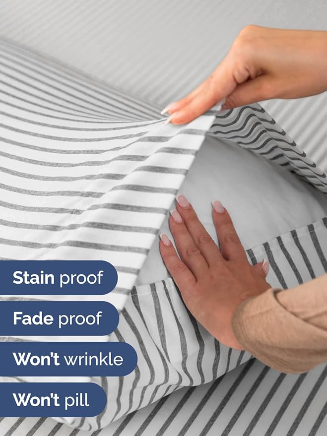 Extra Deep Twin XL Sheet Set - 4 Piece Breathable and Cooling Sheets - Hotel Luxury Bedding for Women, Men, Kids & Teens - Easy Secure Fit - Soft & Wrinkle Free with Extra Deep Pockets - Grey Stripes