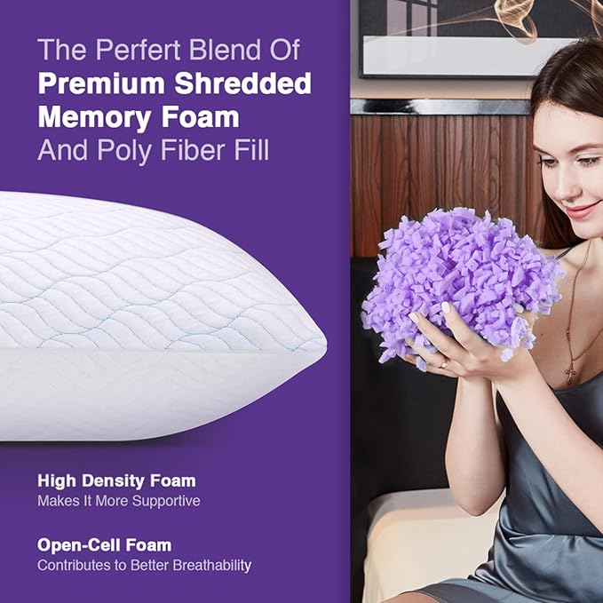 Cooling Shredded Memory Foam Pillows for Sleeping Cool Cold Pillow Standard Size Set of 2 with Zipper, Adjustable Firmness to Hot, Side, Back and Stomach Sleepers, 2 Pack, 20x26