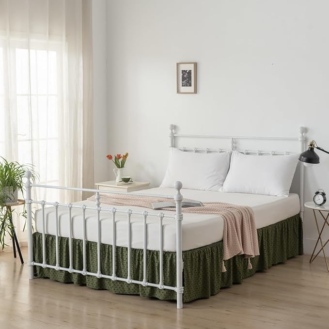 Tufted Dot Bed Skirt Queen Size Ruffled Bed Skirt with Split Corners, 14 Inch Drop Dust Ruffle Bed Skirts with Platform, Olive Green