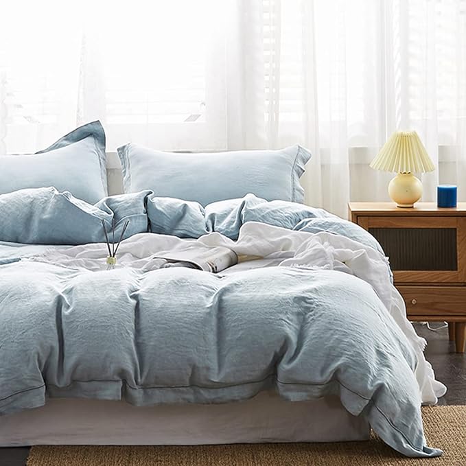 Simple&Opulence 100% Washed Linen Duvet Cover Set with Embroidered,3 Pieces Soft Farmhouse Comforter Set with Button Closure,1 Duvet Cover and 2 Pillowshams(King,Dusty Blue)