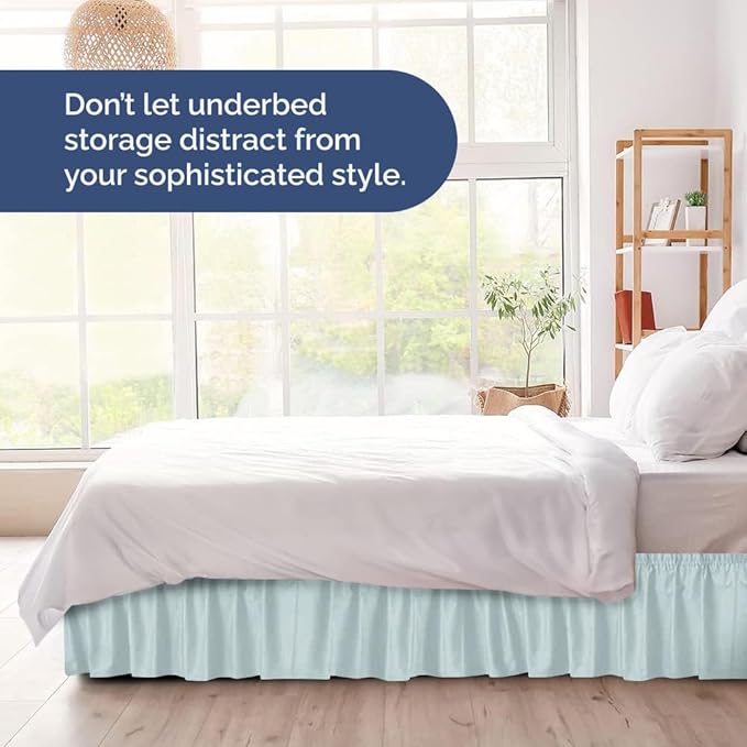 Wrap Around Dust Ruffle Bed Skirt - Ice Blue - for King Size Beds w/ 15 Inch Drop - Easy Fit Elastic Strap - Adjustable Pleated Bedskirt w/Brushed Fabric - Wrinkle Free - for Women, Men, Kids & Teens