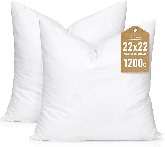 Artscope Synthetic Down Pillow Insert, 22x22 Down Alternative Throw Pillow Insert. Ultra Soft Fluffy Sleeping Pillow with 100% Cotton Cover, Decorative Pillows Set of 2-White.