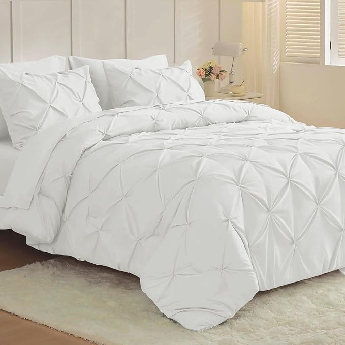 JOLLYVOGUE Full Size Comforter Sets 7 Pieces - Bed in a Bag Full for All Season, Pintuck Bedding Comforter Sets with Comforter, Flat Sheet, Fitted Sheet and Pillowcases & Shams, White