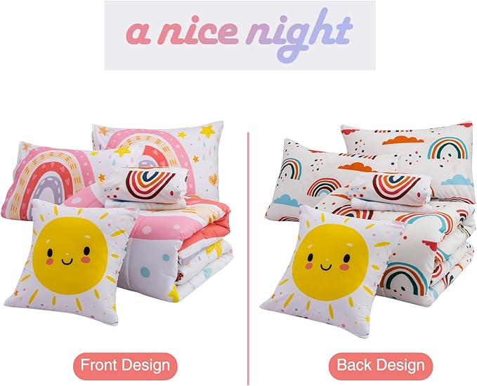 A Nice Night Bedding 6 Pcs Cartoon Rainbow Bedding Set with Smile Sun Printed for Boys Girls Bed Comforter Sets (White, Full)
