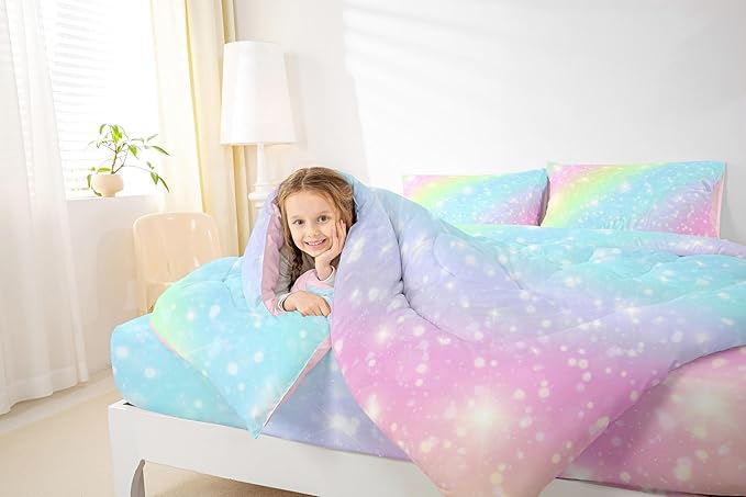 Erosebridal Rainbow Bedding Set for Kids Girls Teens Women Tie Dye Pastel Comforter Set Twin Size Golden Stars Glitter Bedding Comforter Set Watercolor Art Girly Quilt Set Sweet Bedroom Decor 2 Piece
