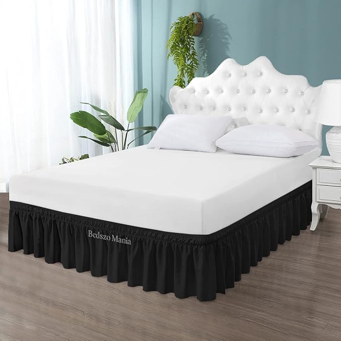 Wrap Around Bed Skirt 10" Inch Drop 100% MicrofibreFabric 1-Piece Bed Skirt Easy Fit Easy Care Fade & Wrinkle Resistant - Queen Size (60"X80"), Black Color