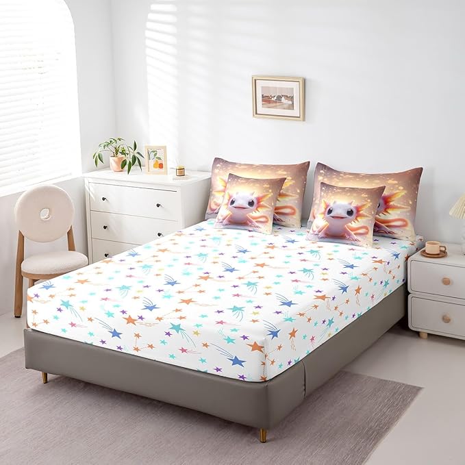 Feelyou Kids Cute Axolotl Comforter Set with Sheets Queen Size, Cartoon Salamander 7 Pieces Bedding Set Boys Girls Kawaii Animal Bed in A Bag Ocean Sealife Teens Bed Set Bedroom Decor 7Pcs