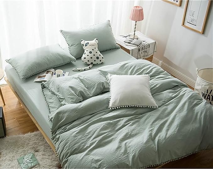 TanNicoor Pom Fringe Duvet Cover Set - 2 Piece Natural Ultra SOFE Color Washed Microfiber Bedding Set, Modern Style Down Comforter Quilt Cover with Zipper Closure(Full, Green)