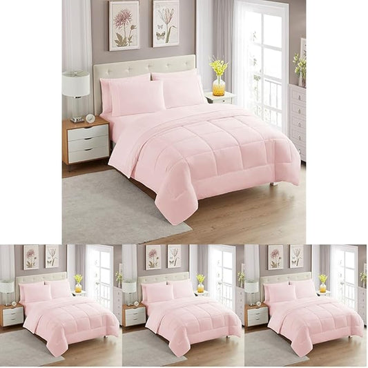 Sweet Home Collection 7 Piece Comforter Set Bag Solid Color All Season Soft Down Alternative Blanket & Luxurious Microfiber Bed Sheets, Pale Pink, Twin XL (Pack of 4)