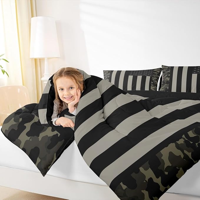 American Flag Comforter Set Twin Military Camo Down Comforter,Retro Army Green Camouflage USA Flag Bedding Set For Kids Boys Teens Men Bedroom,Black Grey Stars Stripes Quilt Duvet Set 1 Pillow Case
