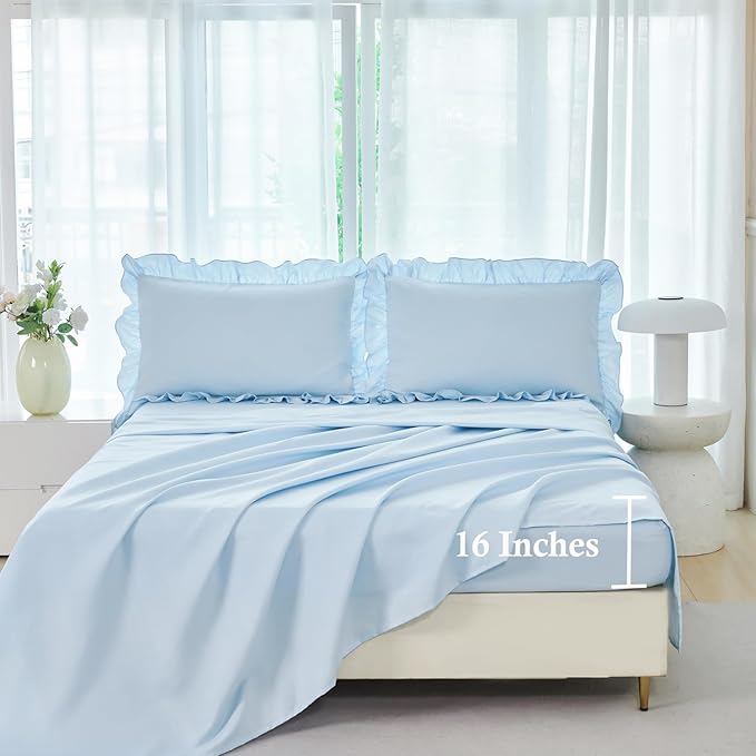 ANGIYUIN Light Blue Ruffle Girls Comforter Set Twin Size 5 Pieces Ruffled Farmhouse Bed in A Bag Solid Boho Bedding Comforter Sets Soft Fluffy Bed Sets for Kids Girl(Light Blue Twin)
