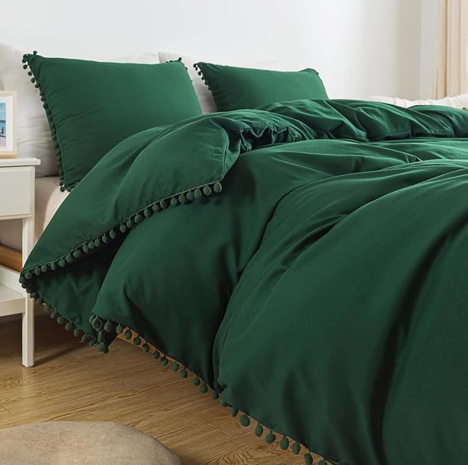 TanNicoor Pom Fringe Duvet Cover Set - 3 Piece Natural Ultra SOFE Color Washed Microfiber Bedding Set, Modern Style Down Comforter Quilt Cover with Zipper Closure(Twin, Emerald Green)