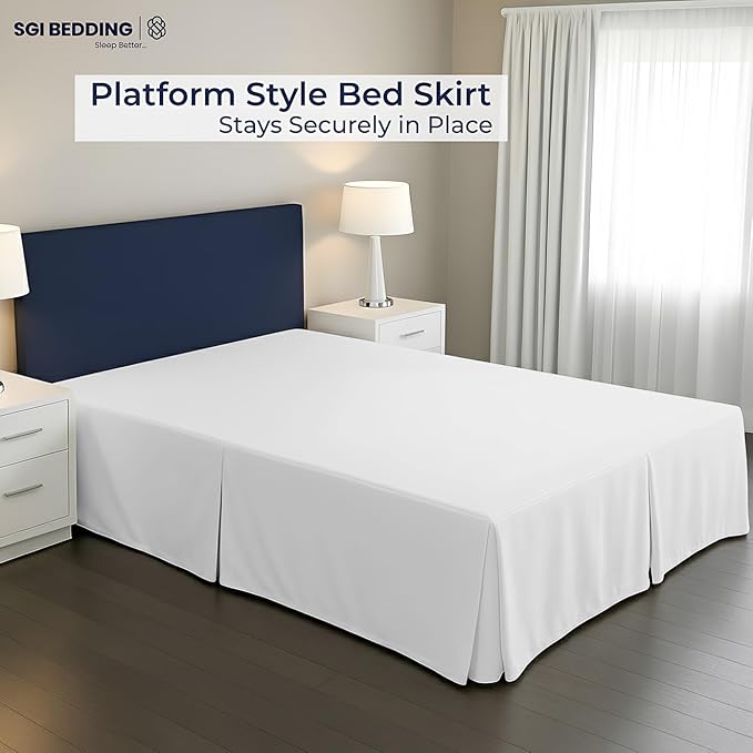 SGI Bedding 18 inch Drop Bed Skirt Cal King Size - Platform Style with Secure Fit, Classic Tailored Look, Elegant Pleated Style Dust Ruffle, Split Corners, Wrinkle Resistant Microfiber - White